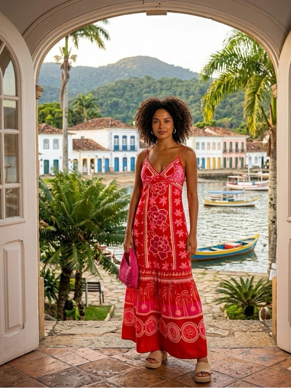 Red & Pink Floral Embroidered Sundress - V-Neck Spaghetti Strap xs